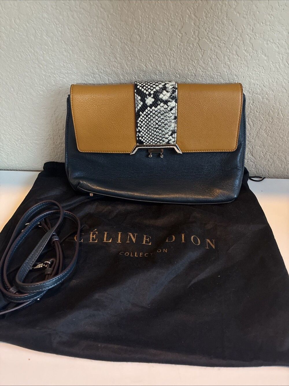 Celine Dion Leather Clutch Crossbody Snakeskin Print Moto Rare Metal Boho City